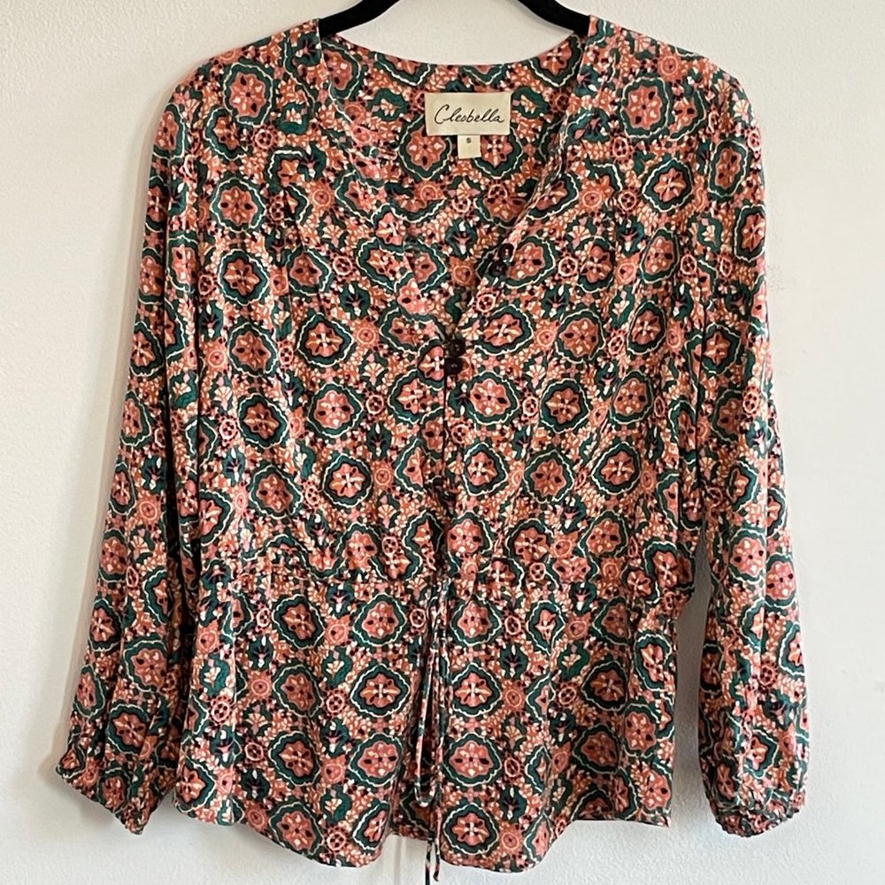 Cleobella Printed Cotton Top Coral Pink & Green Size Small Adjustable Waist